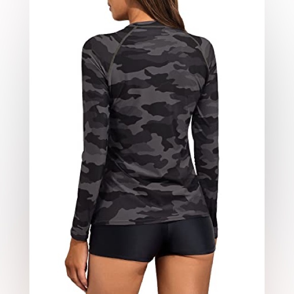 Women's Long Sleeve 2 Piece Rash Guard Boyshort Swimsuit Set-Black Camouflage - Picture 2 of 7